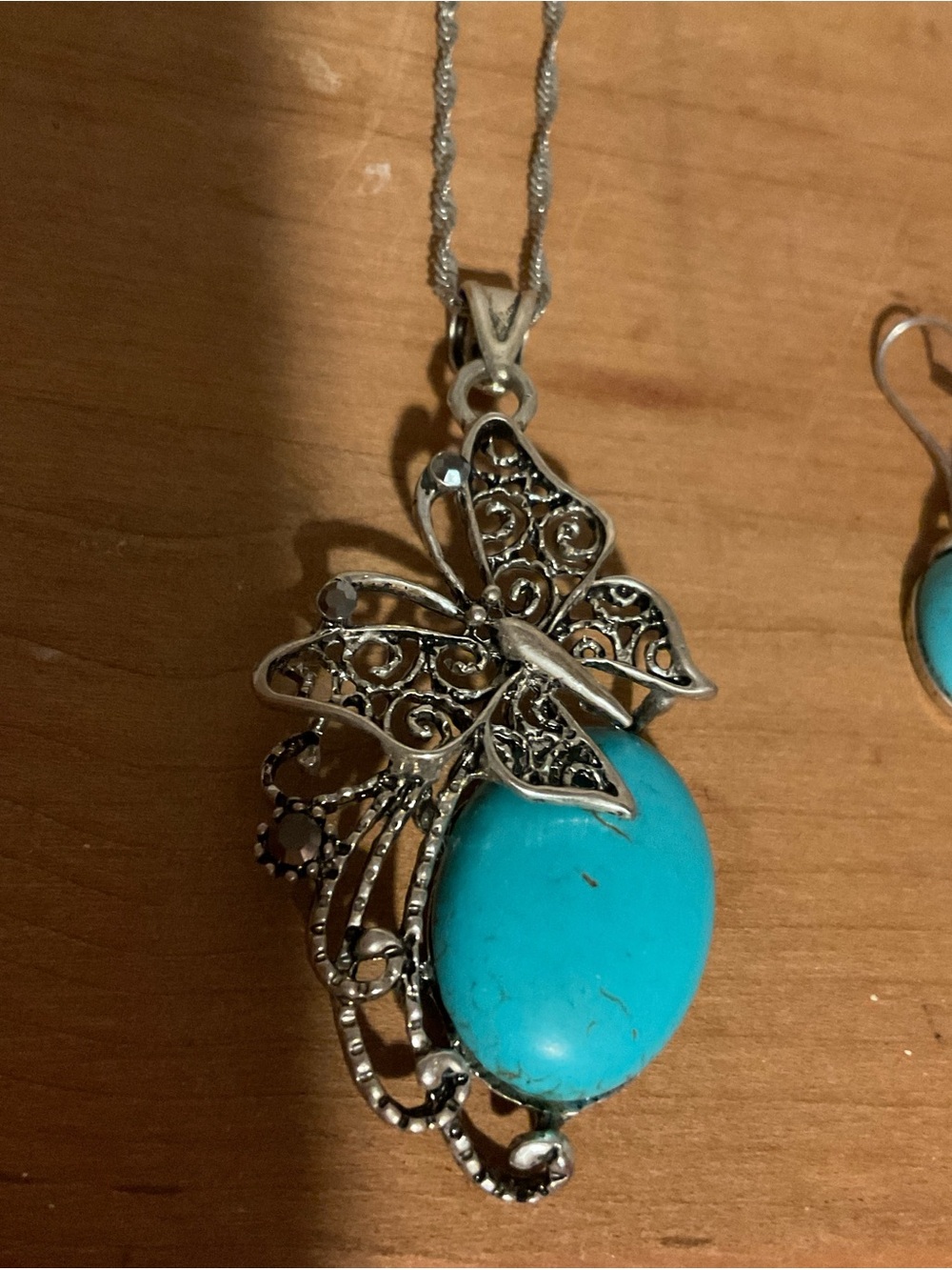 Silver Butterfly Earrings & Pendant Necklace with Turquoise Stone